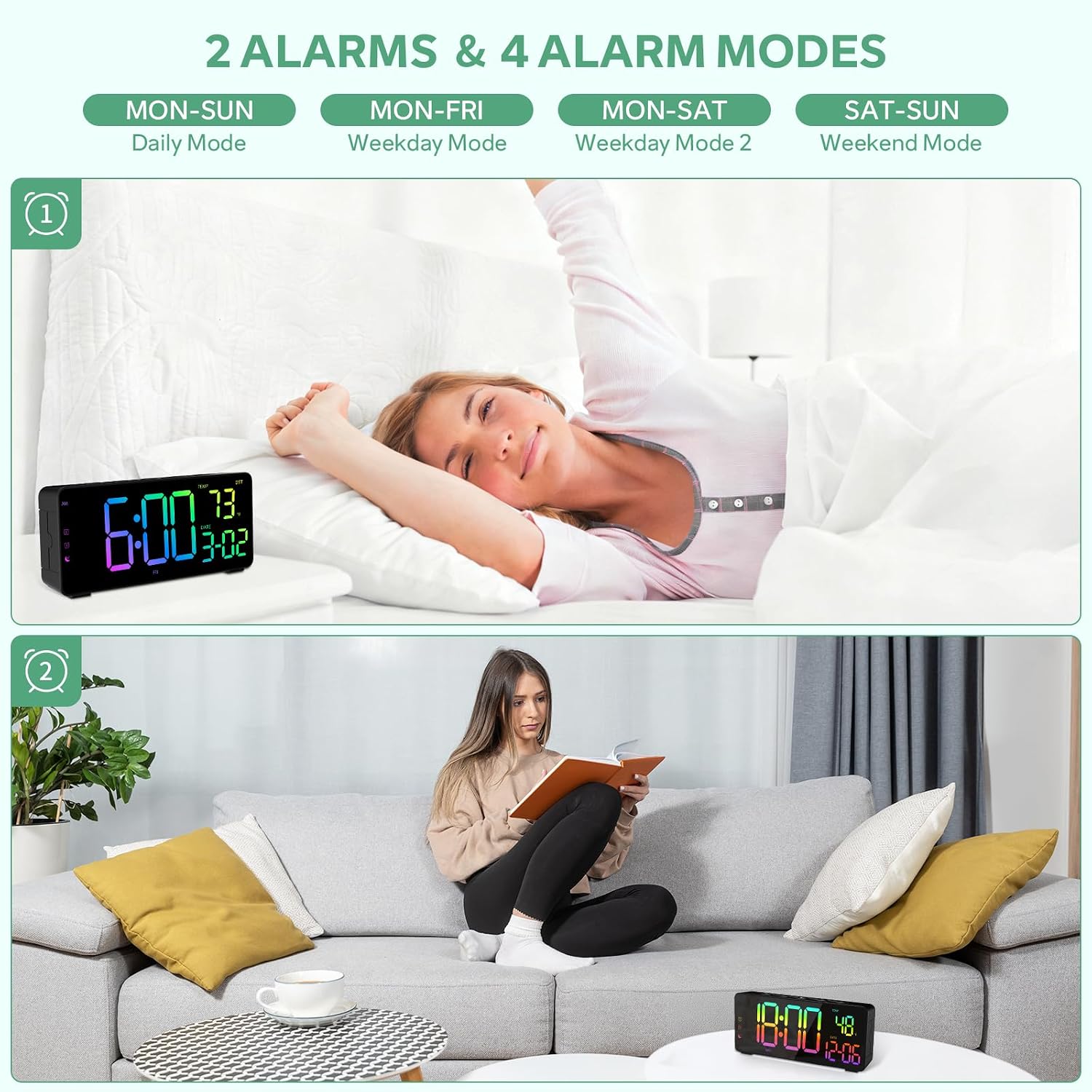 Digital Alarm Clocks For Bedrooms, Rgb Desk Clock With 15 Color Display, Date Temperature And Weekday, Dst, Snooze, 2 Alarms, Ambient Lighting For Living Room, Bedside Office Gaming Desk Decor