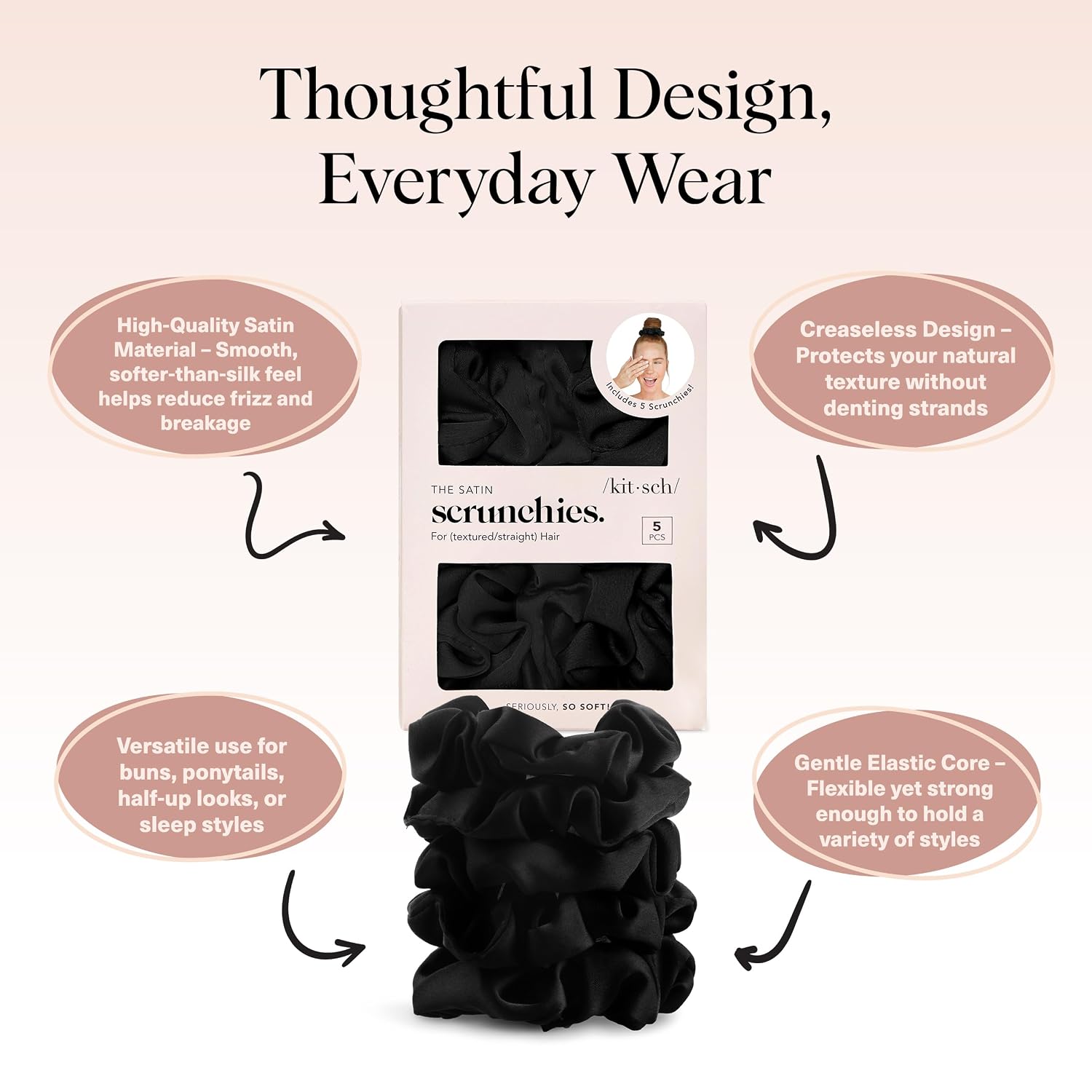 Kitsch Satin Scrunchies For Women - No Crease, Frizz Control | Softer Than Silk Scrunchies Gentle On Hair Scrunchies For All Hair Types | Stylish Hair Accessories College Essentials - Black, 5Pcs