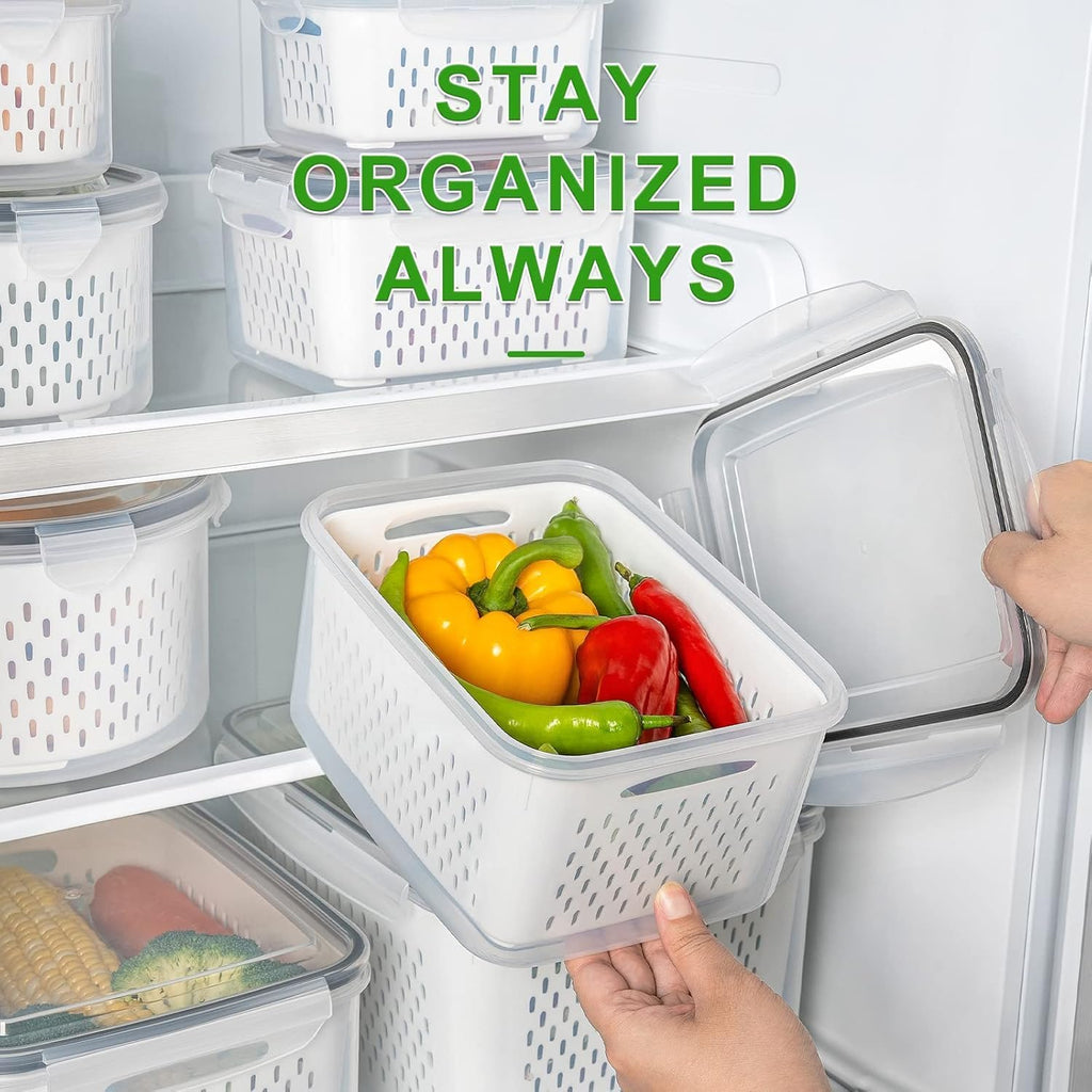 8 Pcs Fruit Storage Containers For Fridge, Leakproof Produce Containers | For Fridge With Removable Colander, Microwave/Dishwasher Safe Fruit Washing Bowl Keep Fruits, Vegetables, Berry Fresh Longer