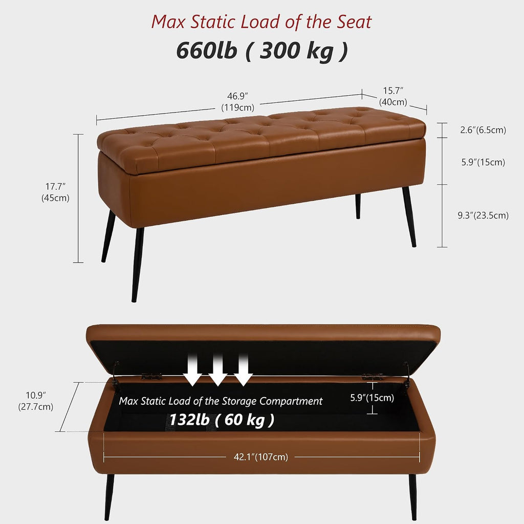 Leather Storage Ottoman Bench,End Of Bed Bench For Living Room Bedroom Dinning Room Entryway,Mid-Century Modern, With Steel Legs,Safety Hinges, Loads 660 Lb (With Button, Brown)