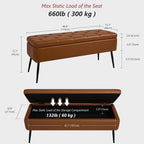 Leather Storage Ottoman Bench,End Of Bed Bench For Living Room Bedroom Dinning Room Entryway,Mid-Century Modern, With Steel Legs,Safety Hinges, Loads 660 Lb (With Button, Brown)