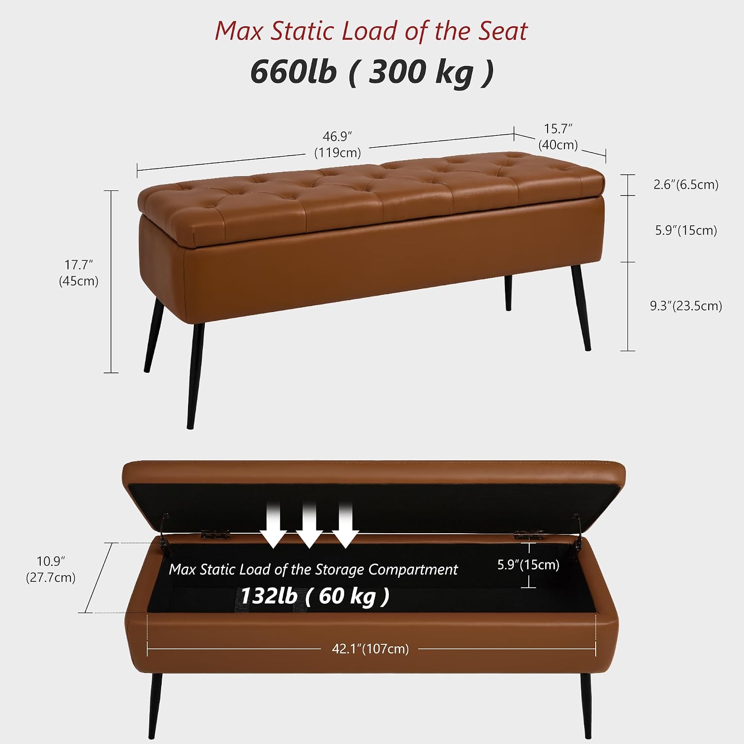 Leather Storage Ottoman Bench,End Of Bed Bench For Living Room Bedroom Dinning Room Entryway,Mid-Century Modern, With Steel Legs,Safety Hinges, Loads 660 Lb (With Button, Brown)