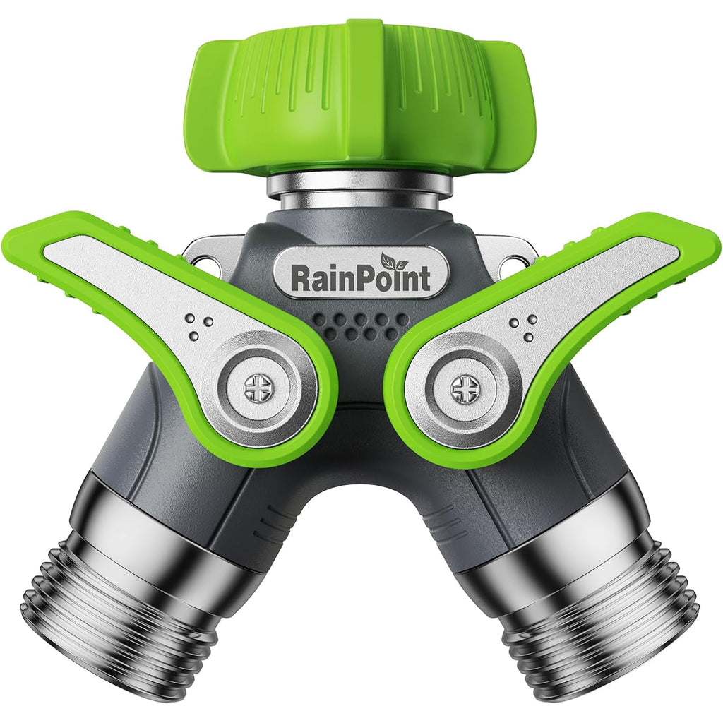 Rainpoint 2 Way Garden Hose Splitter | Heavy Duty Water Spigot Splitter With Shutoff Valves, 100% Metal Body, 1.9" Extra Long Metal Handle, 3/4" Ght Thread