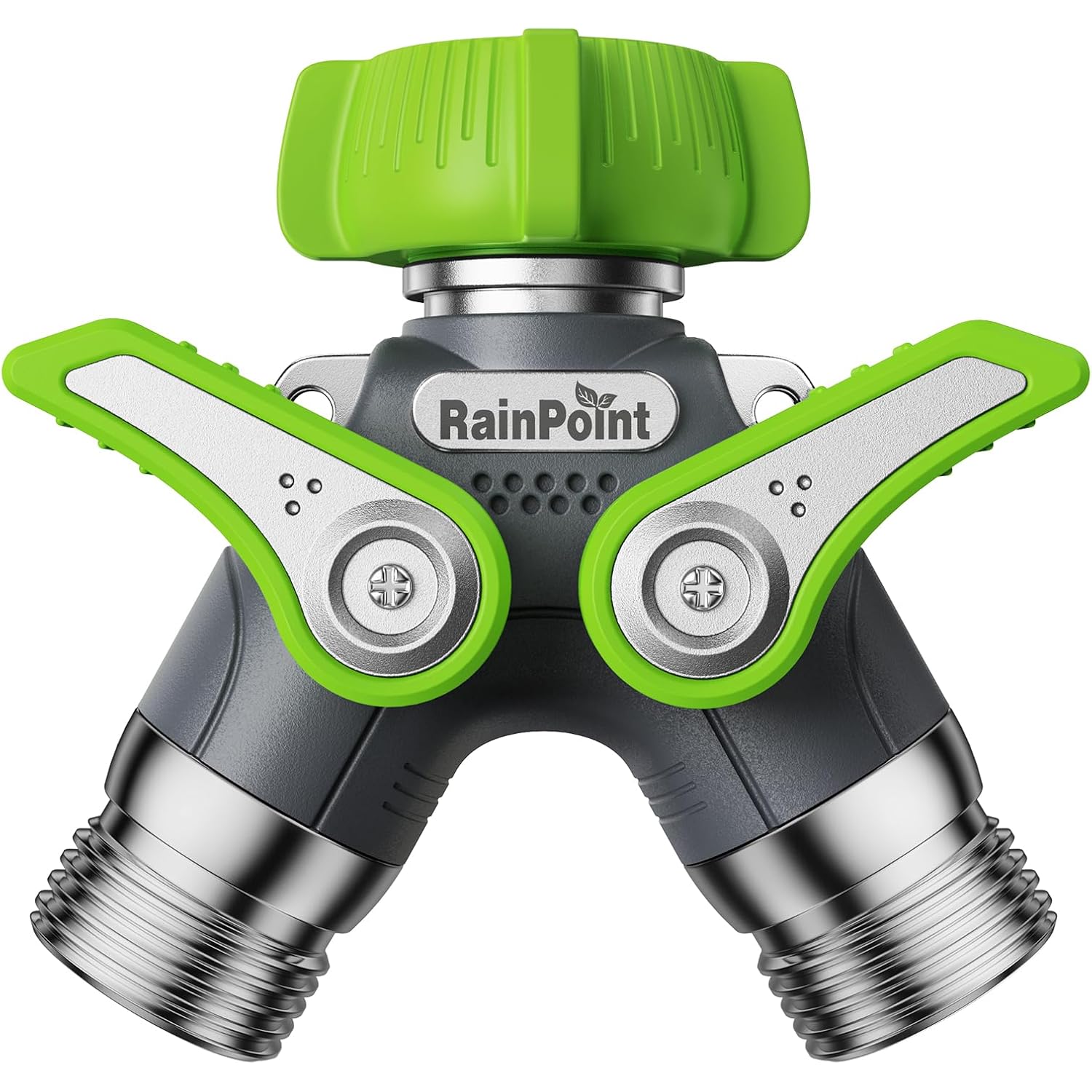 Rainpoint 2 Way Garden Hose Splitter | Heavy Duty Water Spigot Splitter With Shutoff Valves, 100% Metal Body, 1.9" Extra Long Metal Handle, 3/4" Ght Thread