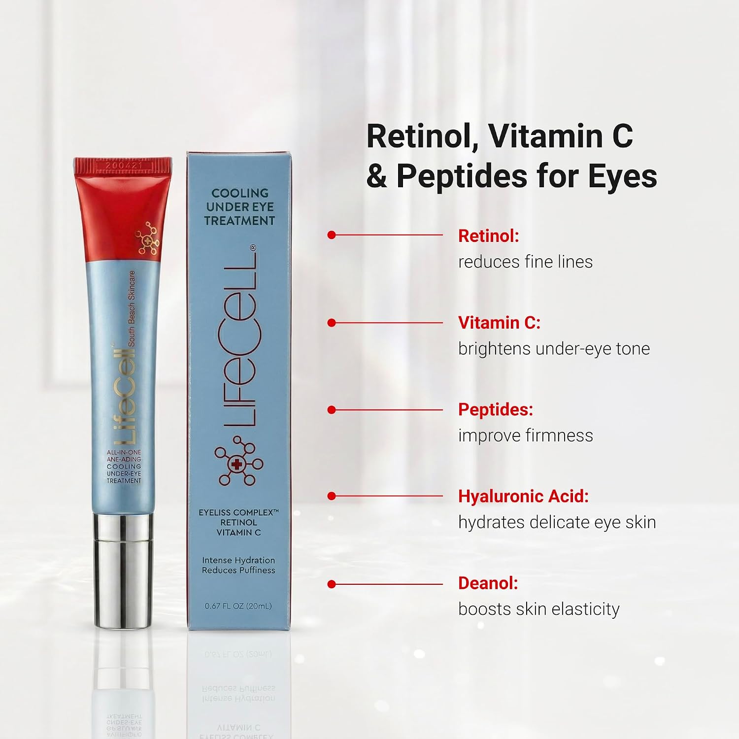 Lifecell All-In-One Eye Treatment – Anti-Aging Under Eye Cream For Puffiness, Dark Circles & Wrinkles – With Retinol, Vitamin C, Peptides & Hyaluronic Acid – Cooling Application