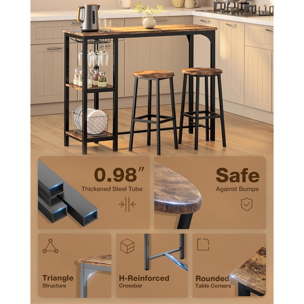 Qsun 3-Piece Bar Table Set For 2 | Bar Height Table With Stools & 2 Storage Shelves, Small Bar Table Set With Glass Rack, Small Kitchen Table For Dining Room