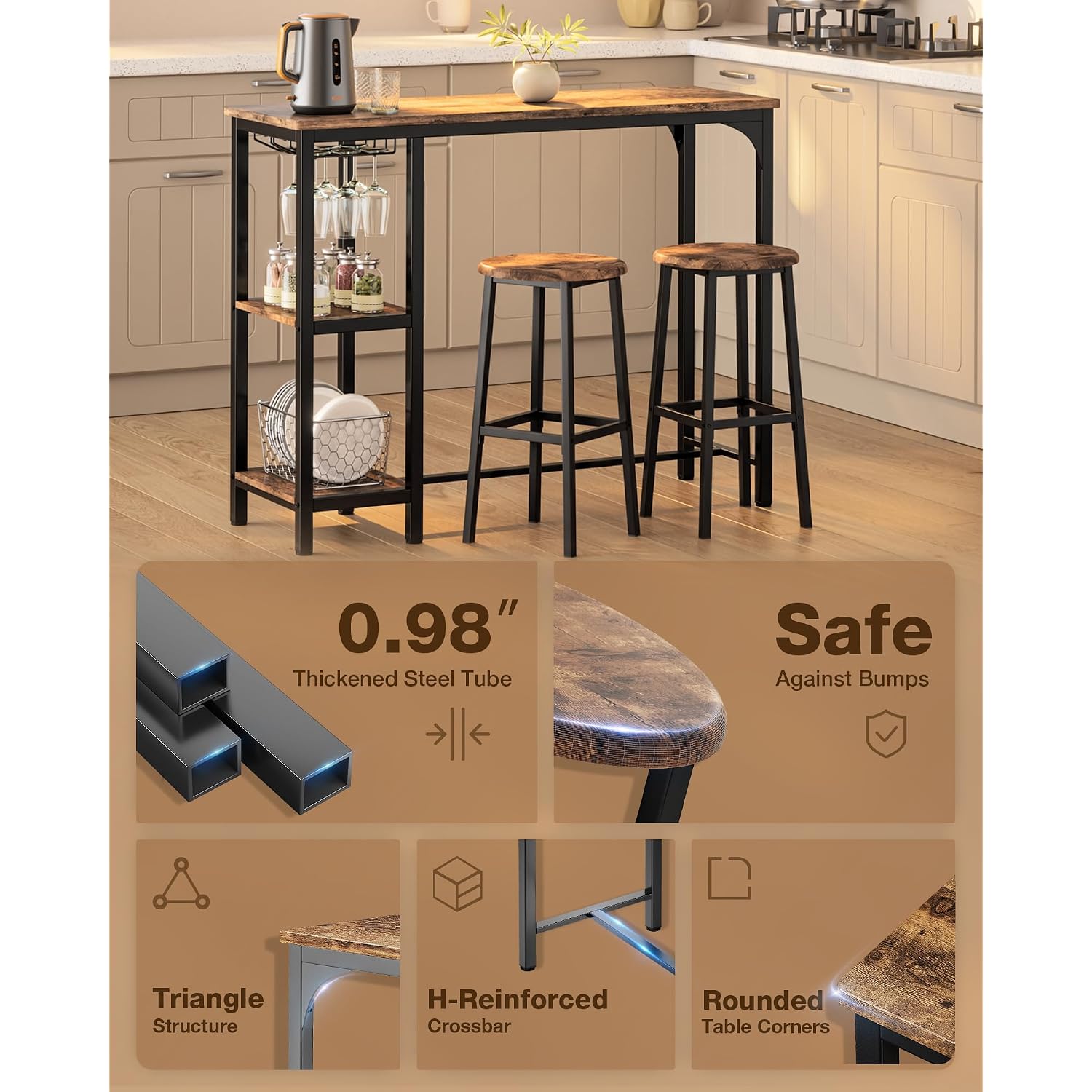 Qsun 3-Piece Bar Table Set For 2 | Bar Height Table With Stools & 2 Storage Shelves, Small Bar Table Set With Glass Rack, Small Kitchen Table For Dining Room