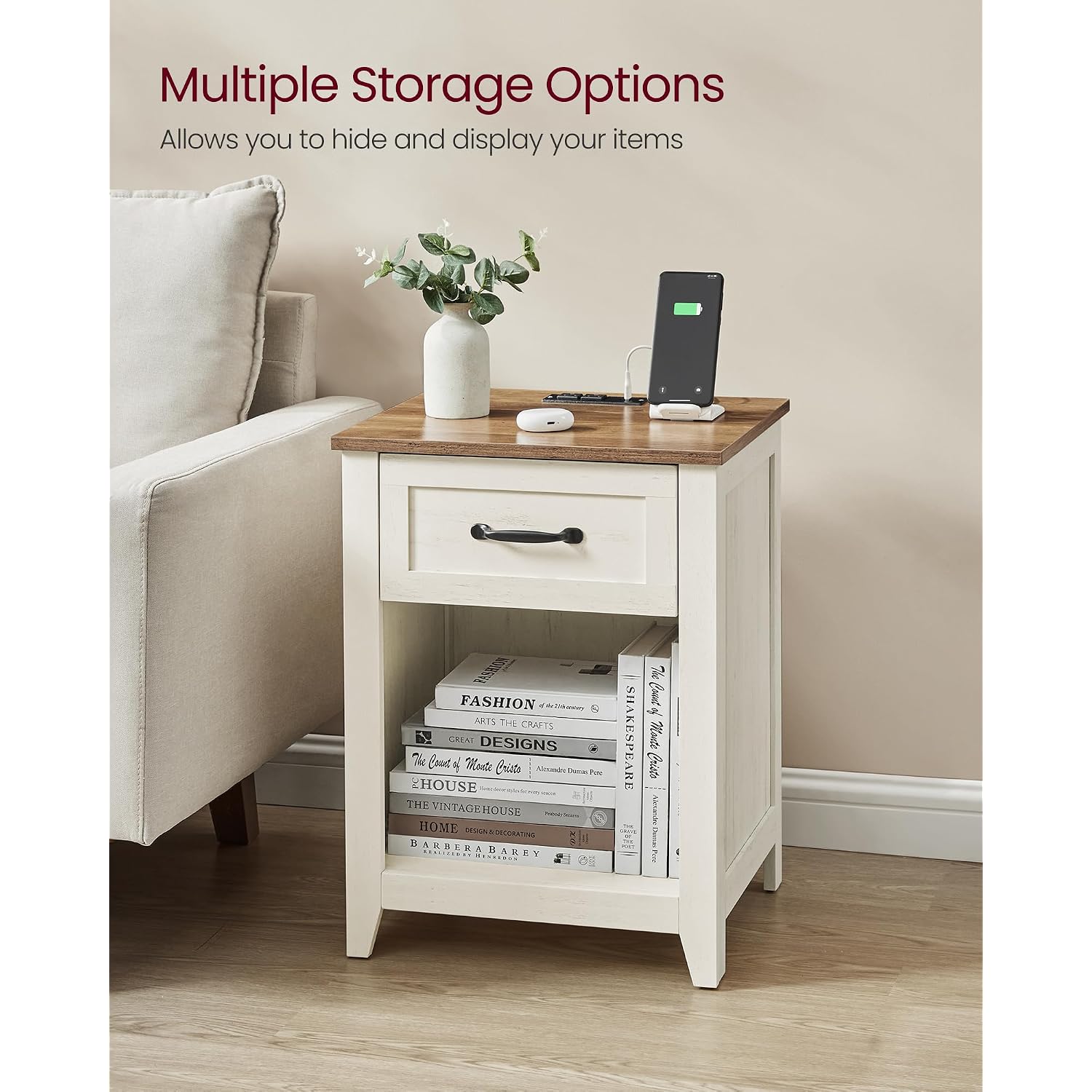 Vasagle Liry Collection - Farmhouse Nightstands With Charging Station, Set Of 2 Bedside Tables, Side Tables With Drawer, Open Compartment, For Bedroom, Rustic White And Honey Brown Ulet859K41
