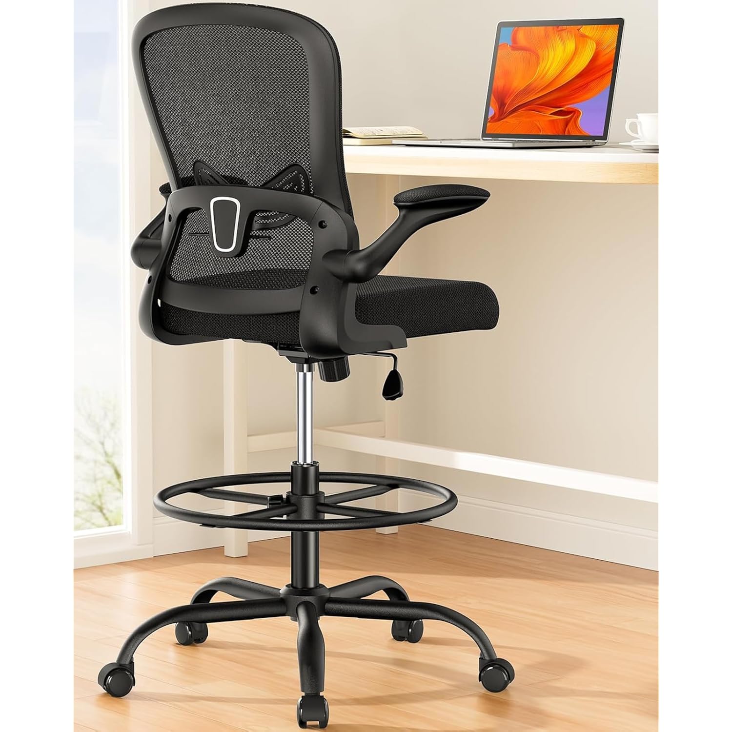 Ergear Drafting Chair, Standing Desk Chair With Flip-Up Armrests, High Desk Chair Adjustable Height, Ergonomic Tall Office Chair With Lumbar Support And Adjustable Footrest Ring