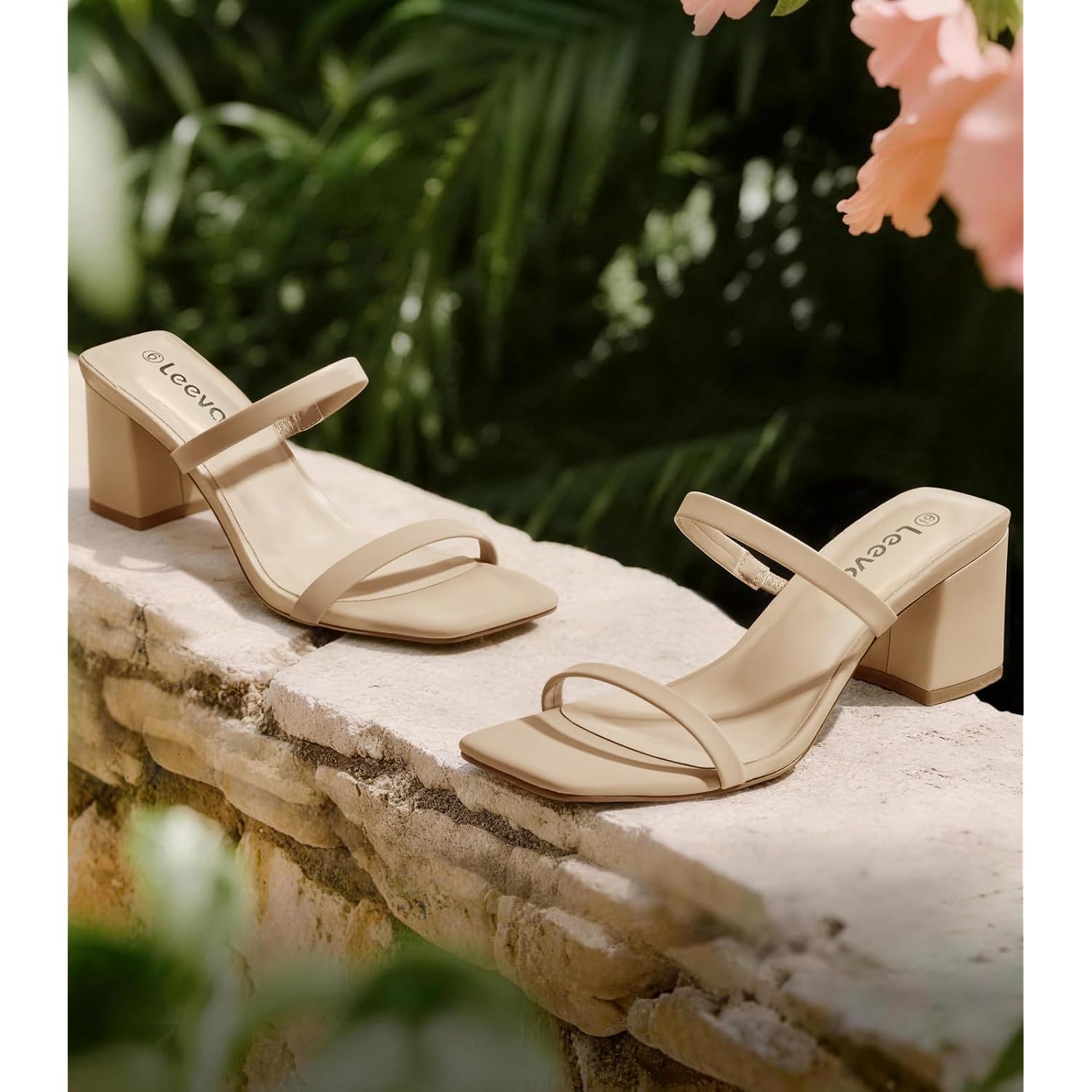 Leevar Square Toe Heeled Sandals For Women - Women'S Low Block Heels Sandals - 2.25In Open Toe Ankle Strap Chunky Heels - Slip On Heeled Sandal Mule- Nude Black Strappy Heels For Party Wedding Dress Shoes