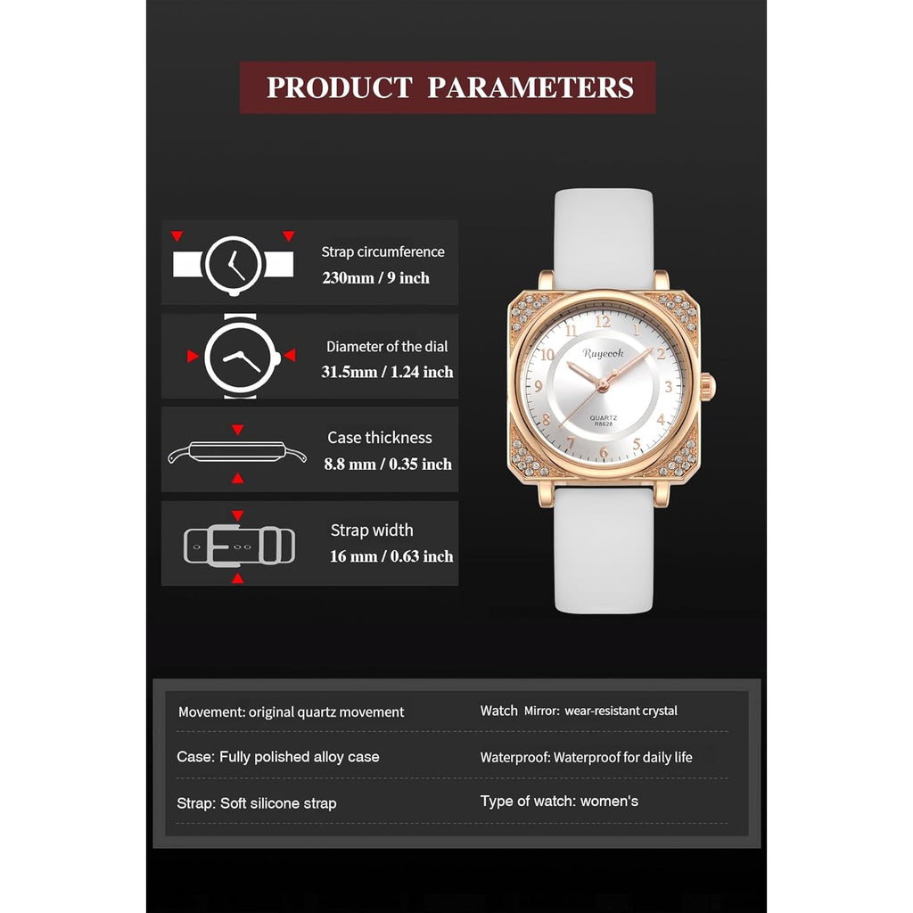 Square Ladies Watch,Crystal Rhinestone,Waterproof Silicone Band Analog Quartz Wrist Watches for Nurse Female Women's