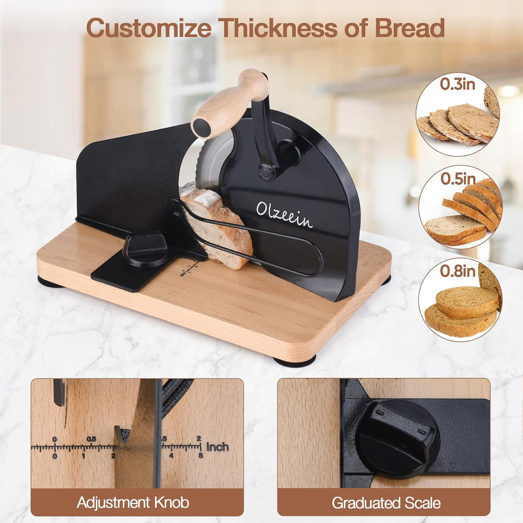 Manual Bread Slicer For Homemade Sourdough Bread, Hand Crank Bread Slicer With Scale Line, Metal Guide & Adjustable Thickness Bread Loaf Slicer, Sharp Blade Bread Cutter For Sourdough Bread (Black)