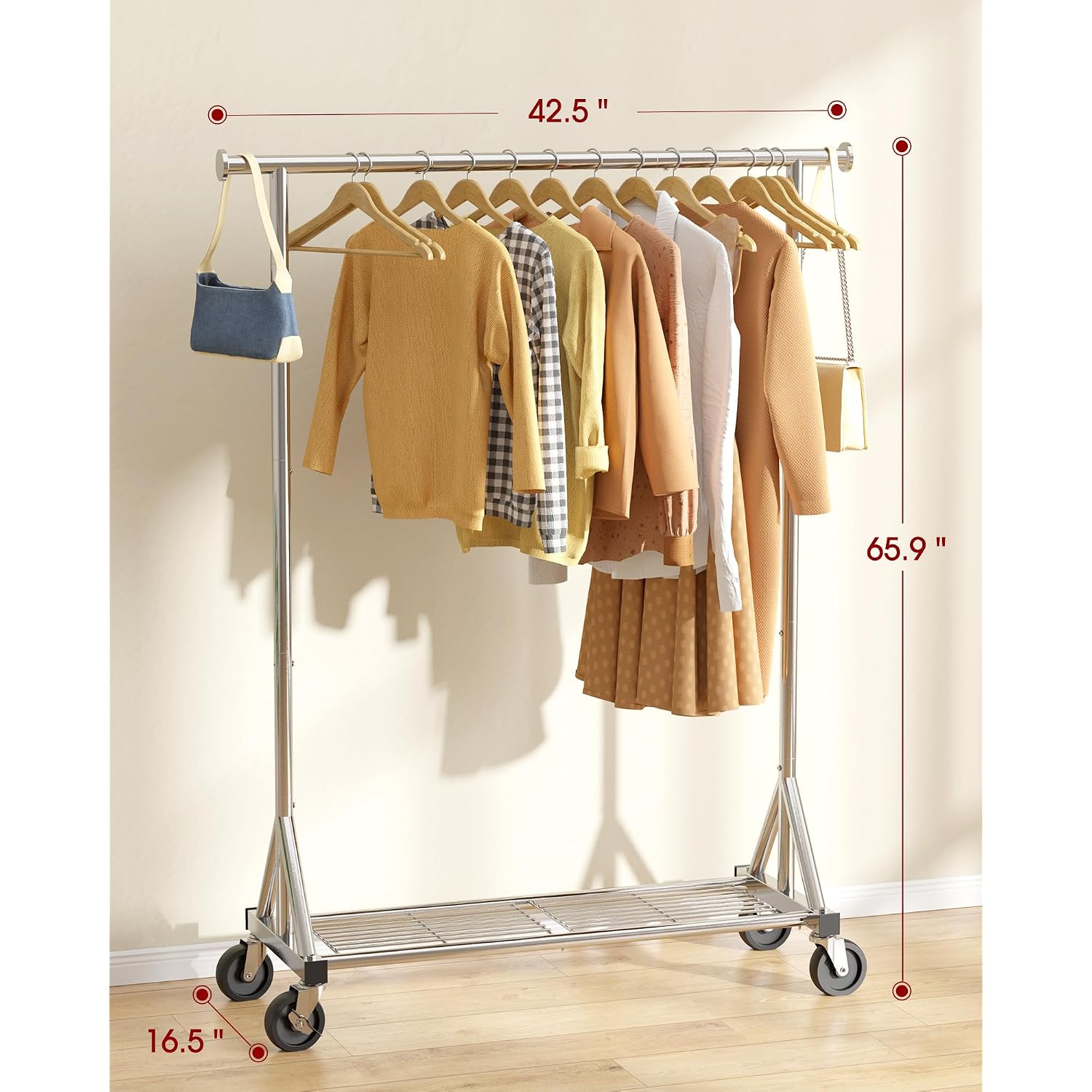 Heavy Duty Stainless Steel Rolling Clothes Rack With Mesh Shelf, Lockable Wheels & Anti-Slip Stoppers, Large Capacity Clothing Organizer For Bedroom, Laundry Room, 42.5" X 16.5" X 65.9", Silver