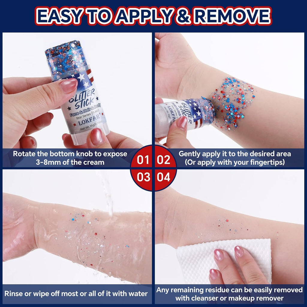 Red White Blue Sparkle Patriotic Glitter Stick - Face Hair Body Glitter, Waterproof, 4th of July 250th Independence Day USA Flag Makeup, Soccer World Cup, Memorial Veterans President's Day