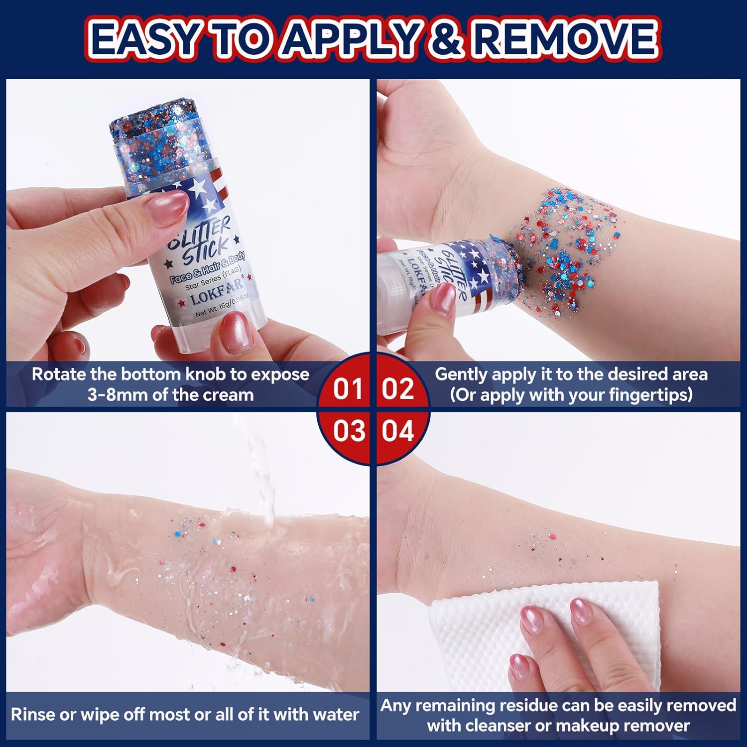 Red White Blue Sparkle Patriotic Glitter Stick - Face Hair Body Glitter, Waterproof, 4th of July 250th Independence Day USA Flag Makeup, Soccer World Cup, Memorial Veterans President's Day