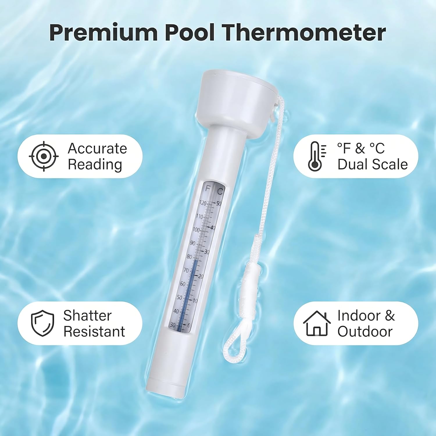 Pool Thermometer Floating, Water Temperature Thermometer With String, Large Size Easy Read & Shatter Resistant Pool Accessories For Outdoor & Indoor Swimming Pools, Spas, Hot Tubs & Aquariums.(White)