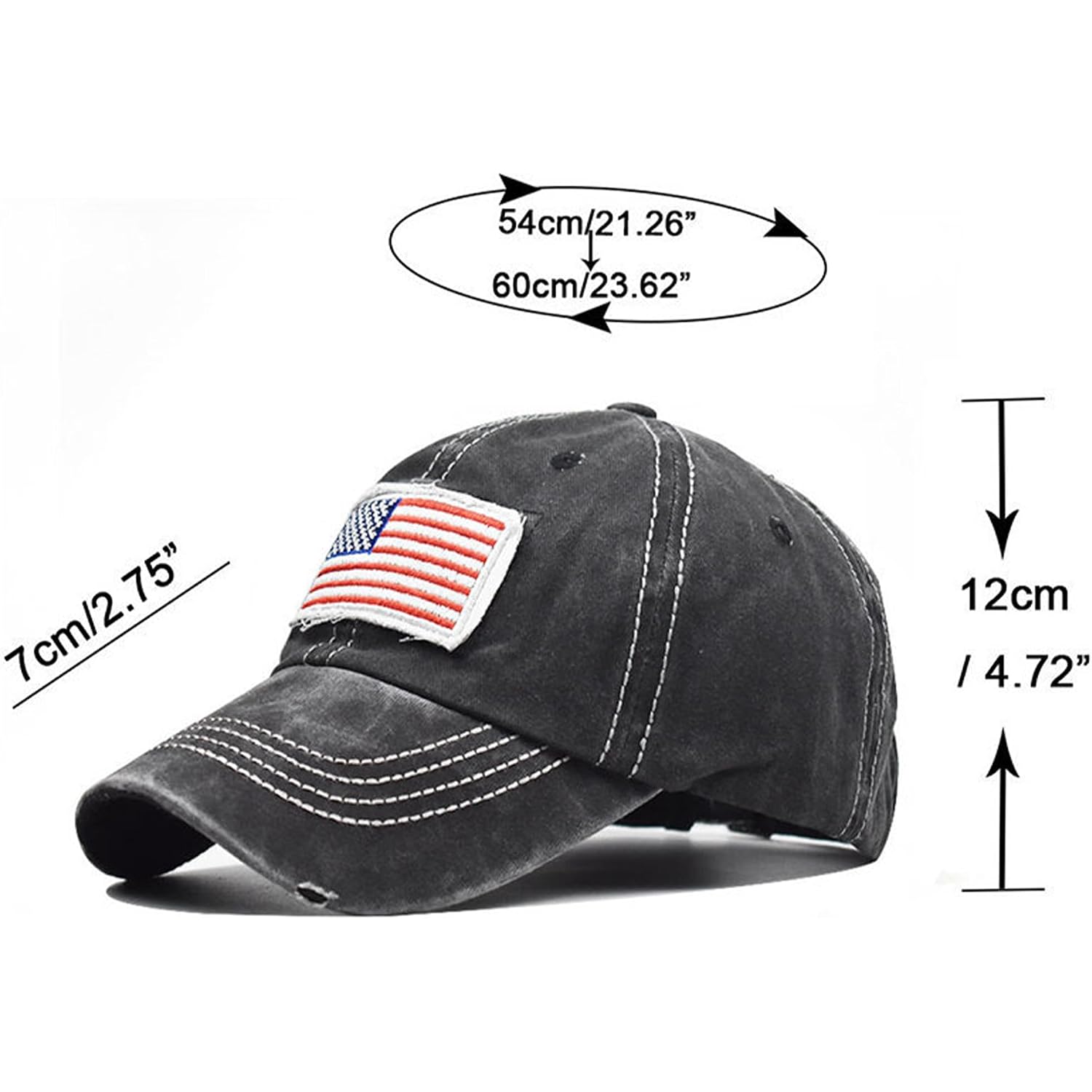 American Flag Baseball Cap High Ponytail Baseball Cap Adjustable Washed Vintage Cotton Denim Distressed Hat Unisex High Ponytail Usa-black