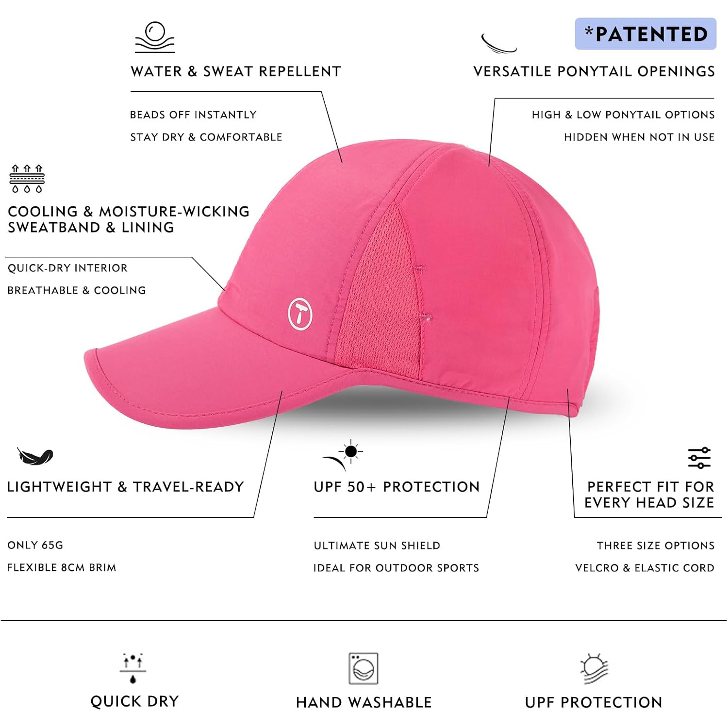 Top-Ex Cooling Uv 50 High Ponytail Baseball Cap For Women Quick Dry Sports | Advanced Tech Sweat-Absorbing Band; Breathable Running Fit; 2.4Oz Ultra-Light; Packable; Water-Resistant; Eco Recycled.