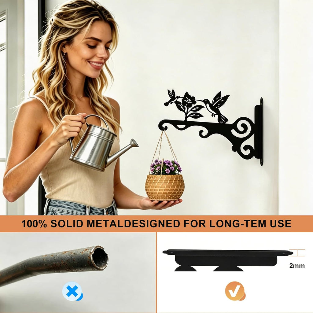 Elegant Bird Pattern Wall Hooks - 10/12/14 Inch Metal Plant Hangers For Indoor & Outdoor - Rust-Resistant Bracket For Plants, Feeders, Chimes, Lanterns (2, Black, 10 Inch)