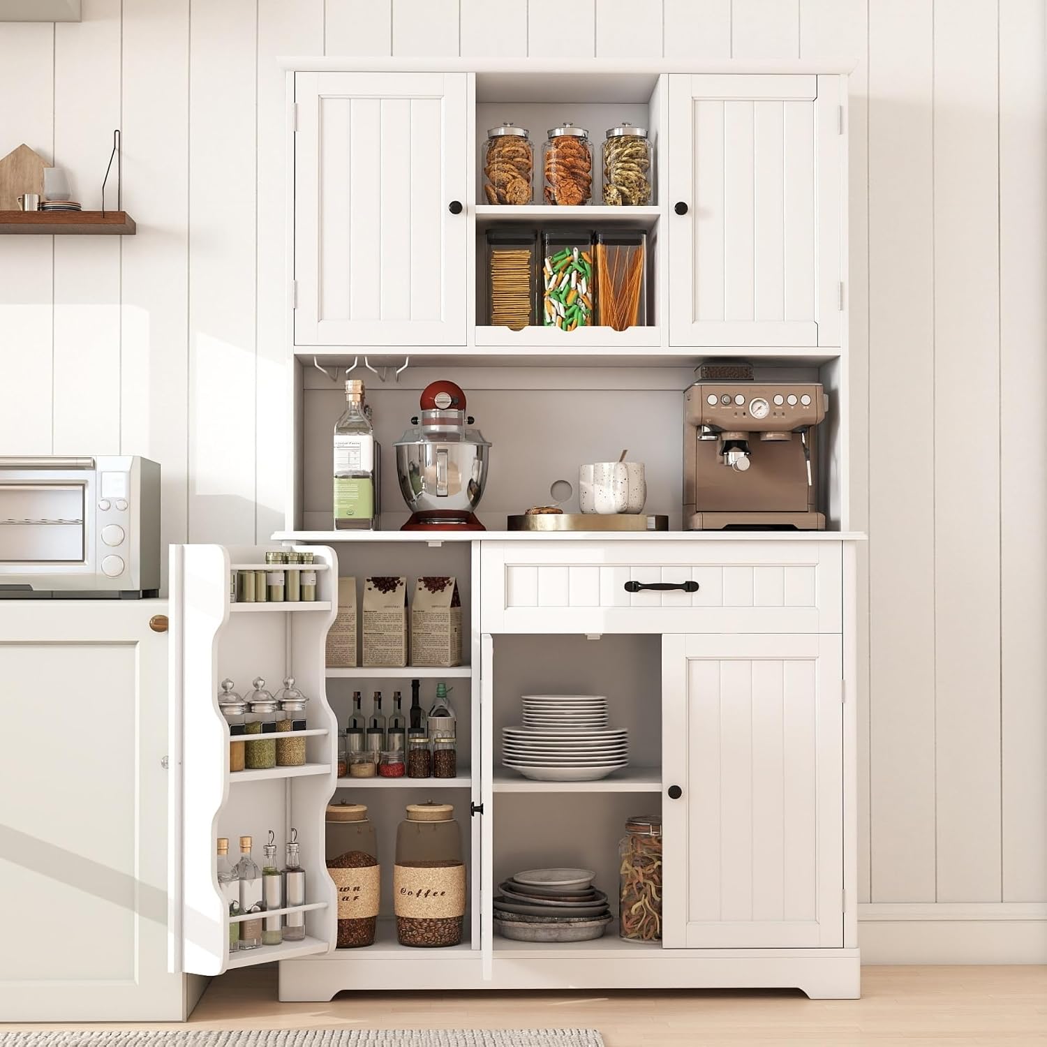 Gizoon Tall Kitchen Storage Cabinet With Door And Shelves, 67" Kitchen Pantry Cabinet Large Coffee Bar Hutch With Storage For Dining Room, Painted White