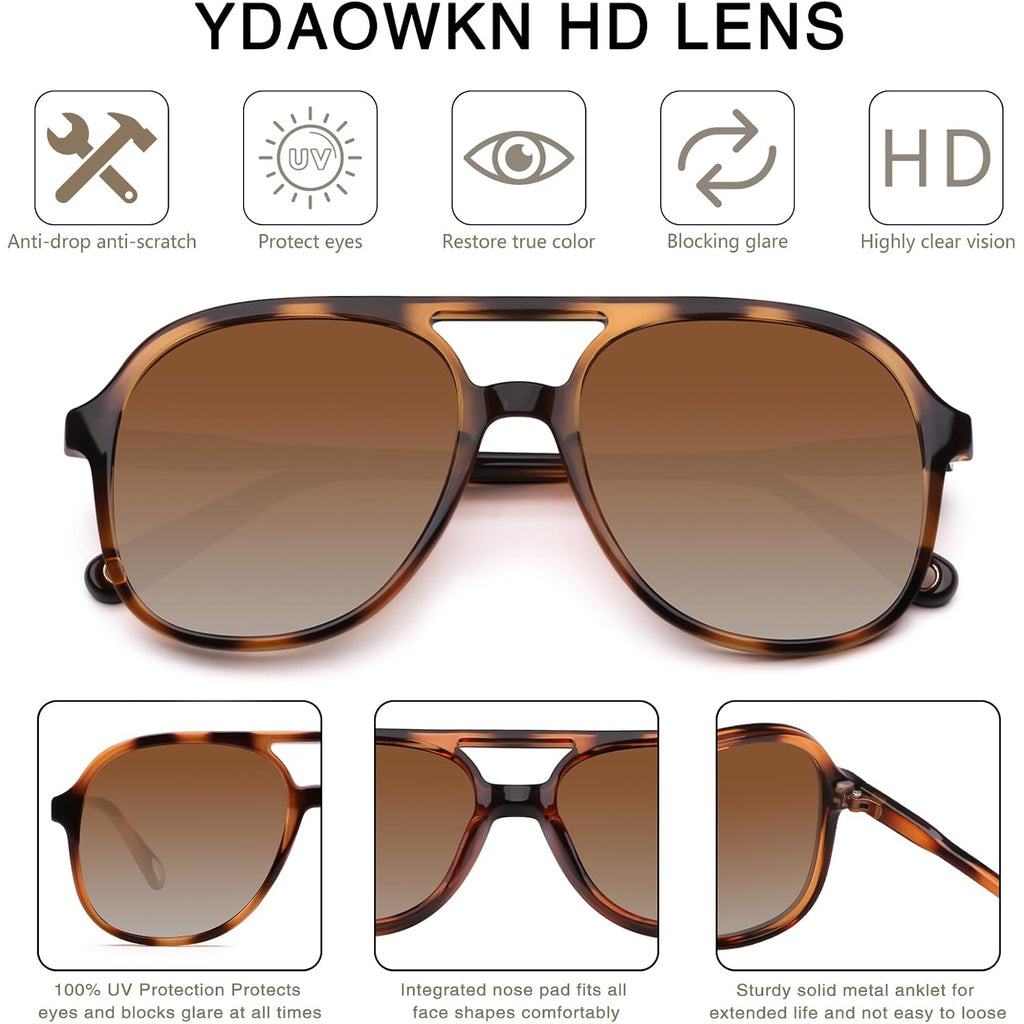 Retro Square Aviator Sunglasses For Womens Mens Vintage 70S Double Bridge Sun Glasses