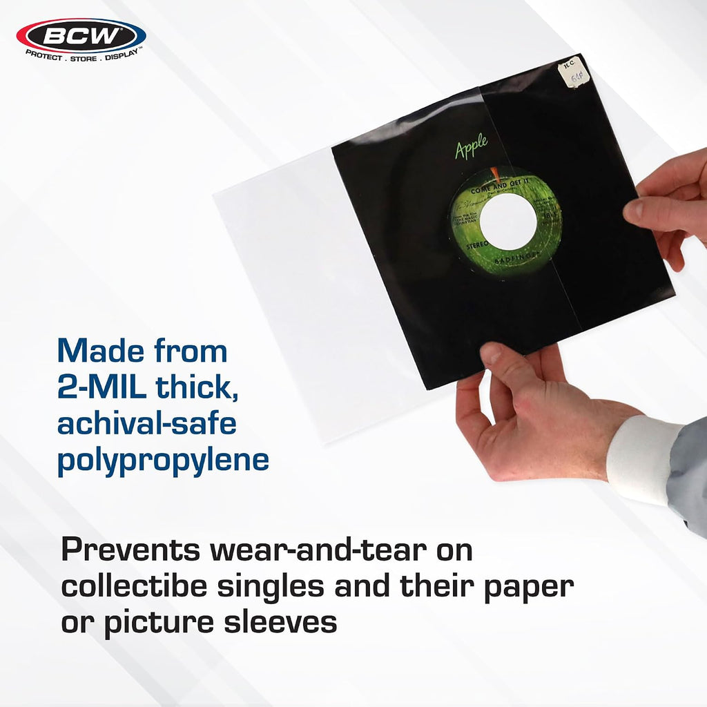 Bcw 45 Rpm Record Sleeves - 100 Count | Fits Standard 7 Inch Single 45S | Snug-Fit 2 Mil Polypropylene Outer Sleeves | Archival Plastic Covers For Vinyl Record Storage And Protection