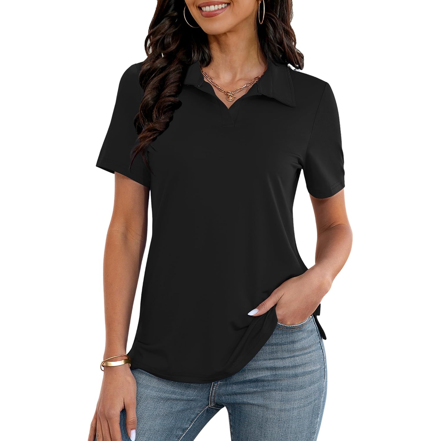Polo Shirts For Women Business Casual Work Lapel Collared Tops V Neck Summer Golf Polos Tunic Blouse