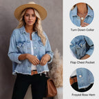 Women'S Jean Jacket Frayed Washed Button Up Cropped Denim Jacket With Pockets