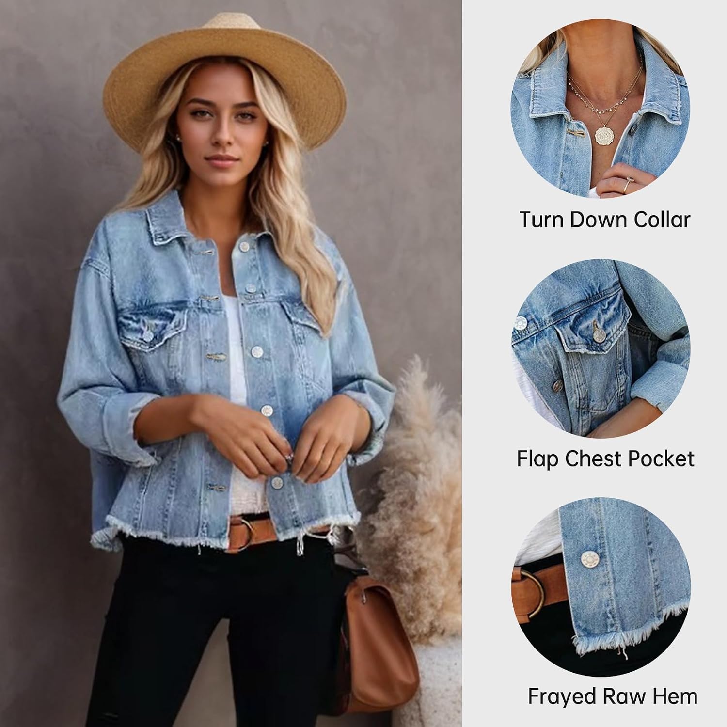 Women'S Jean Jacket Frayed Washed Button Up Cropped Denim Jacket With Pockets