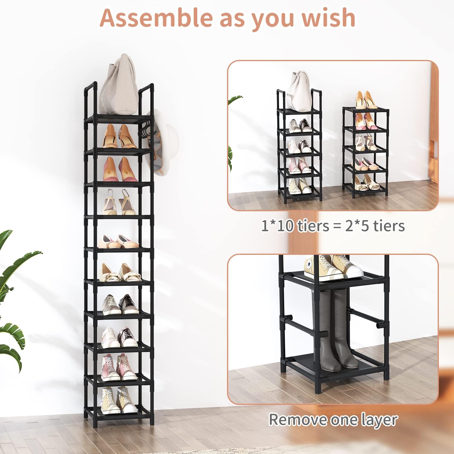 Tall Narrow Shoe Rack For Entryway, 10-Tier Sturdy Metal Shoe Shelf Storage 10-15 Pairs Of Shoes And Boots, Space Saving Corner Shoe Rack Organizer For Closet,Doorway,Garage,Living Room