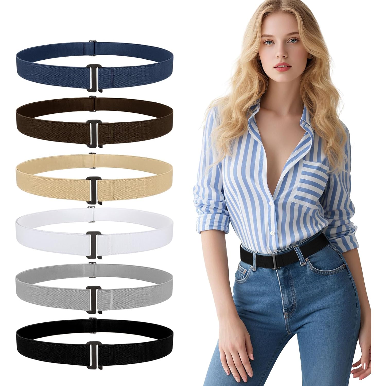 JASGOOD 3/4/5/6 Pack No Show Stretch Belts for Women Invisible Elastic Belt for Jeans Pants Shirt Sweater Tuck Band