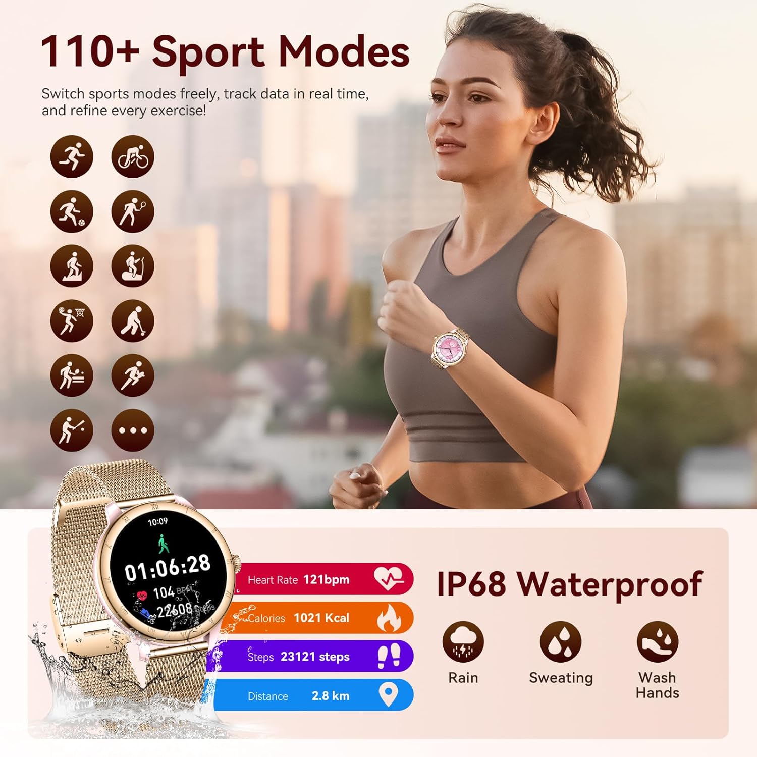 Smart Watches for Women, HD Screen Fitness Tracker 5ATM Waterproof with Bluetooth Make/Answer Calls, Activity Trackers with Heart Rate/Sleep/Female/SpO2 Monitor, Smartwatch for iPhone/Android(2 bands)