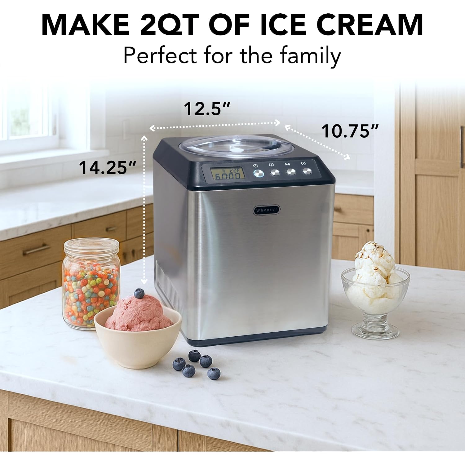 Whynter Ice Cream Maker Machine Automatic 2.1 Qt. Upright With Built-In Compressor, Lcd Digital Display & Timer, No Pre-Freezing, Icm-201Sb, Stainless Steel