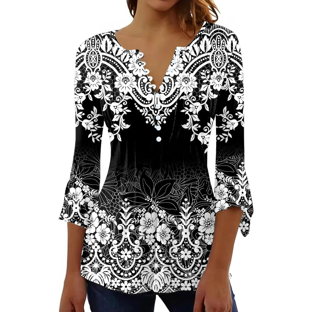 Womens Tops Dressy Casual Pleated Button Neck Summer Blouses 3/4 Flared Sleeve Fall Shirts