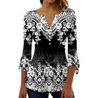 Womens Tops Dressy Casual Pleated Button Neck Summer Blouses 3/4 Flared Sleeve Fall Shirts