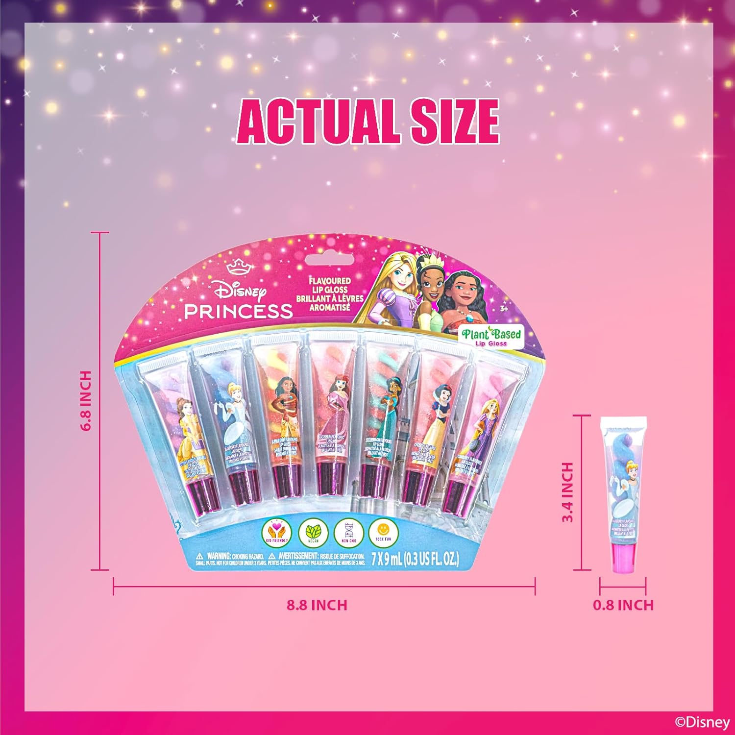 Townley Girl Disney Princess 7 Piece Swirl Lip Gloss, Girls Kids Party Favors, Lip Set for Girls, Perfect for Birthday Gifts, Plant Based, Ages 3