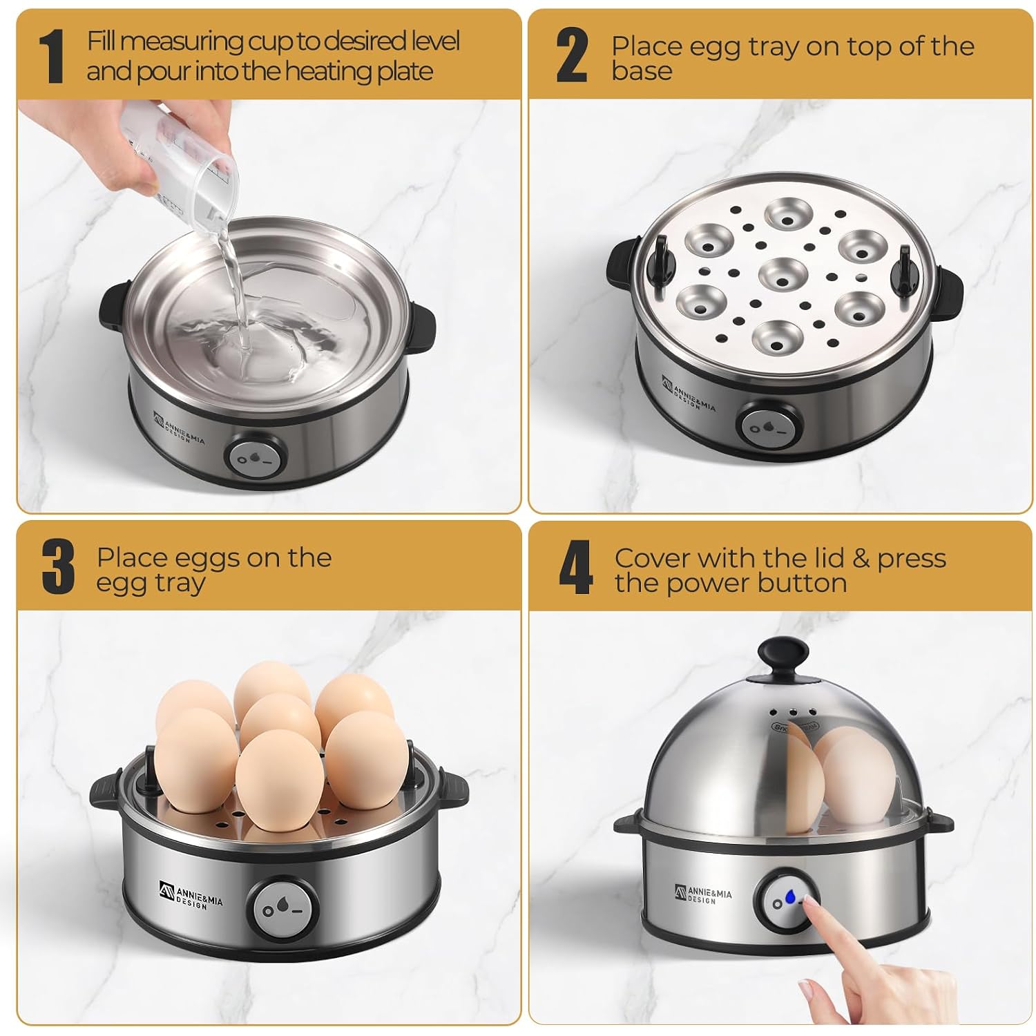 Annie & Mia Design Electric Egg Cooker, All Stainless Steel 7 Egg Capacity Egg Boiler, 360W, Hard, Medium, Soft Boiled Egg Poacher, Egg Steamer, Multi-Function, Auto Shut-Off Function, Bpa-Free