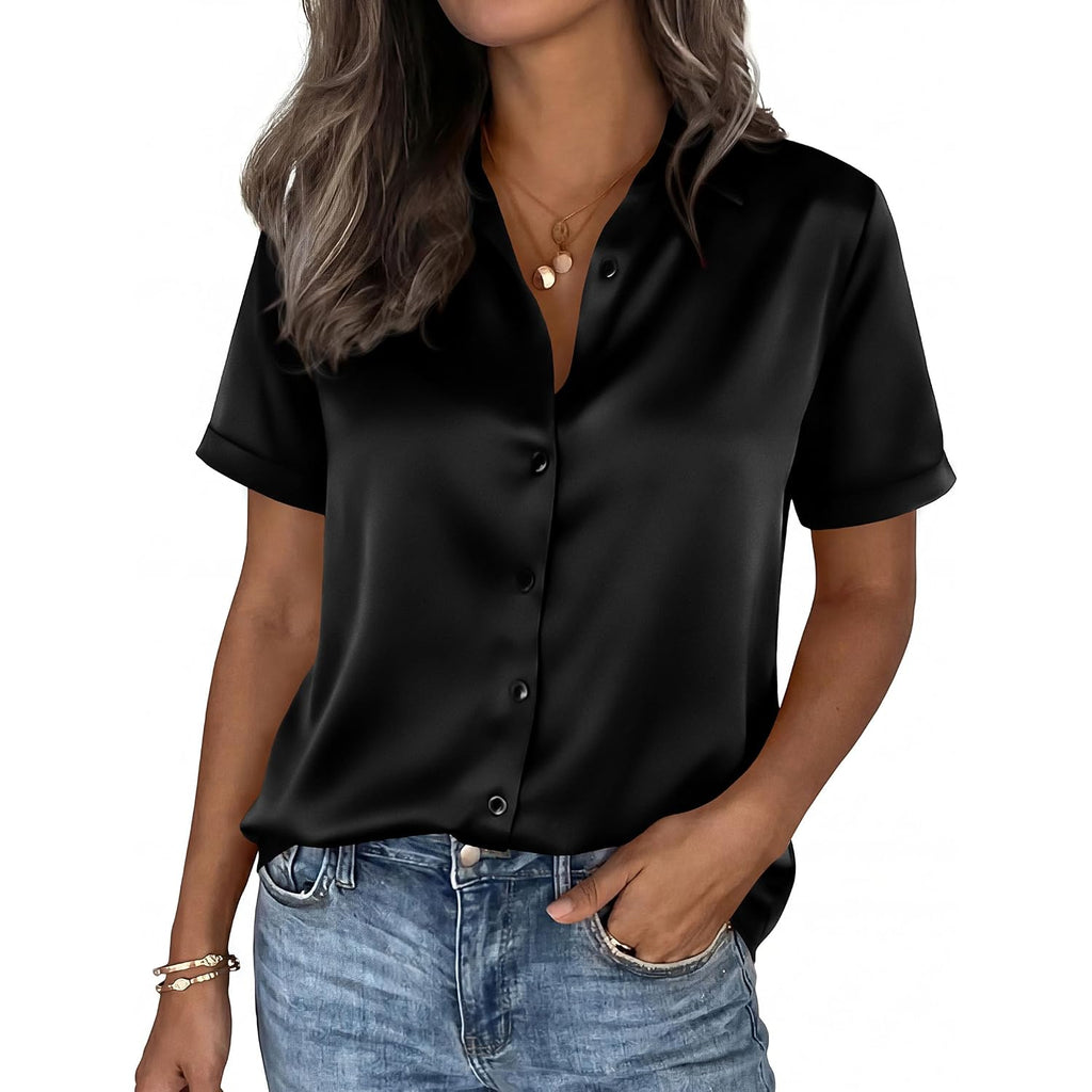 Prettygarden Womens 2026 Summer Button Down Shirts Short Sleeve Work Tops Dressy Satin Blouses Spring Business Casual Outfits