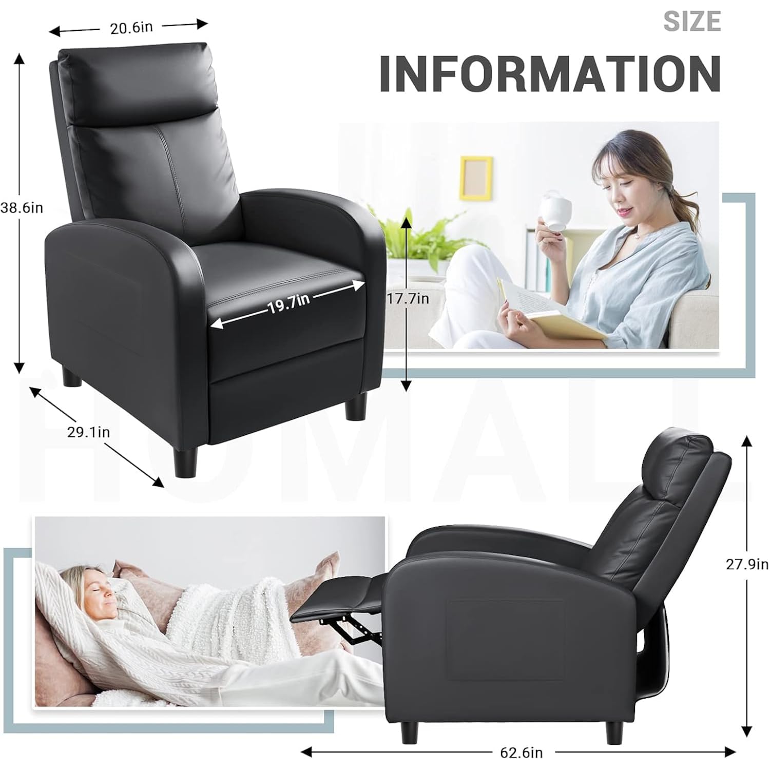Homall Recliner Chair, Recliner Sofa Pu Leather For Adults, Recliners Home Theater Seating With Lumbar Support, Reclining Sofa Chair For Living Room (Black, Leather)