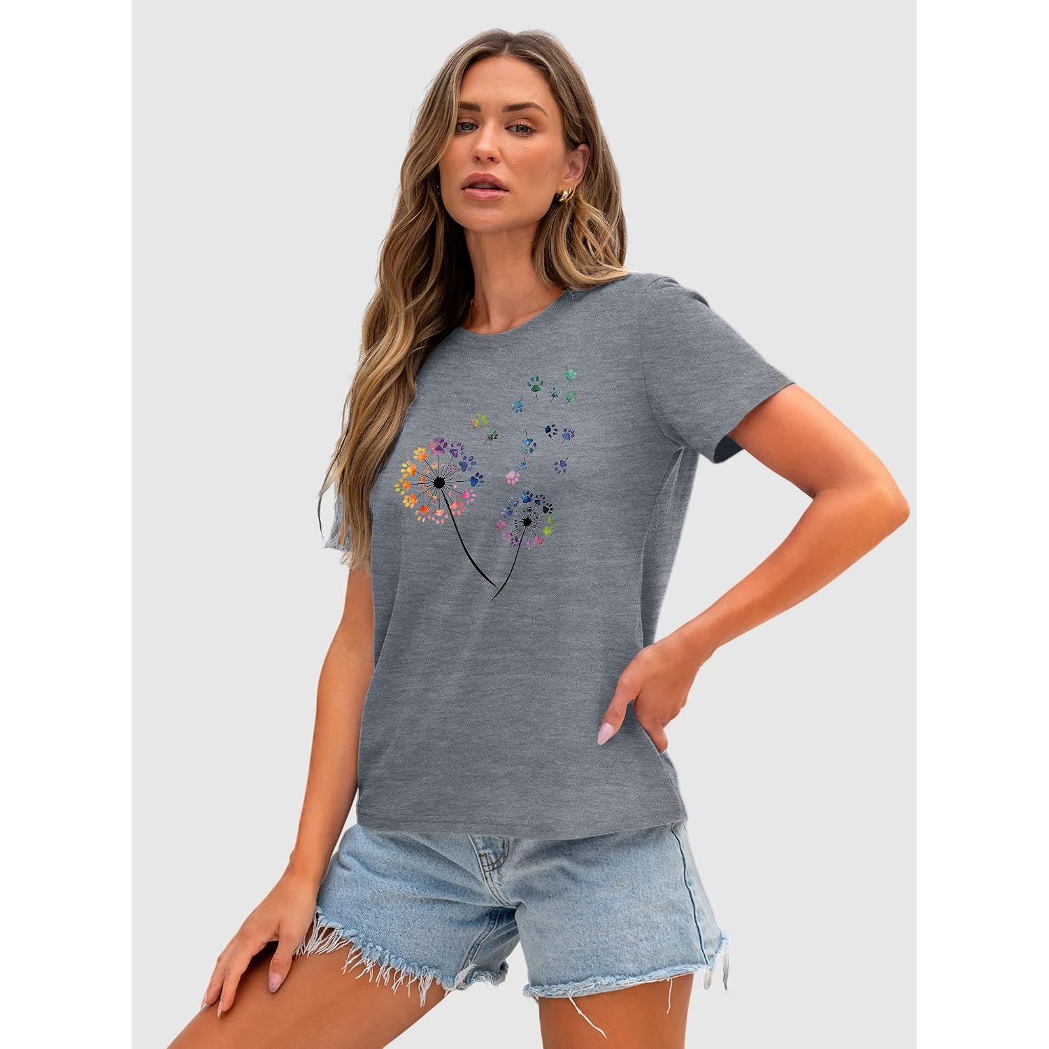 Anbech Womens Dandelion Graphic T-Shirts Teen Girls Cute Sunflower Print Casual Tee Tops Grey