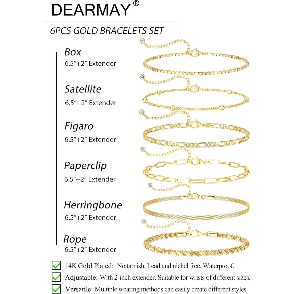 Mothers Day Gifts for Mom Gold Bracelets for Women Waterproof, 14K Gold Plated Jewelry Sets Trendy Thin Dainty Stackable Cuban Link Paperclip Chain Bracelet Pack Fashion Accessories Gifts for Womens