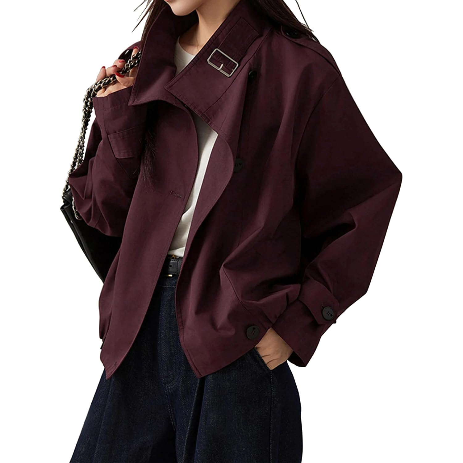 Megfie Jackets For Women Trendy Vintage Trench Coat Turtleneck Crop Jackets With Pockets