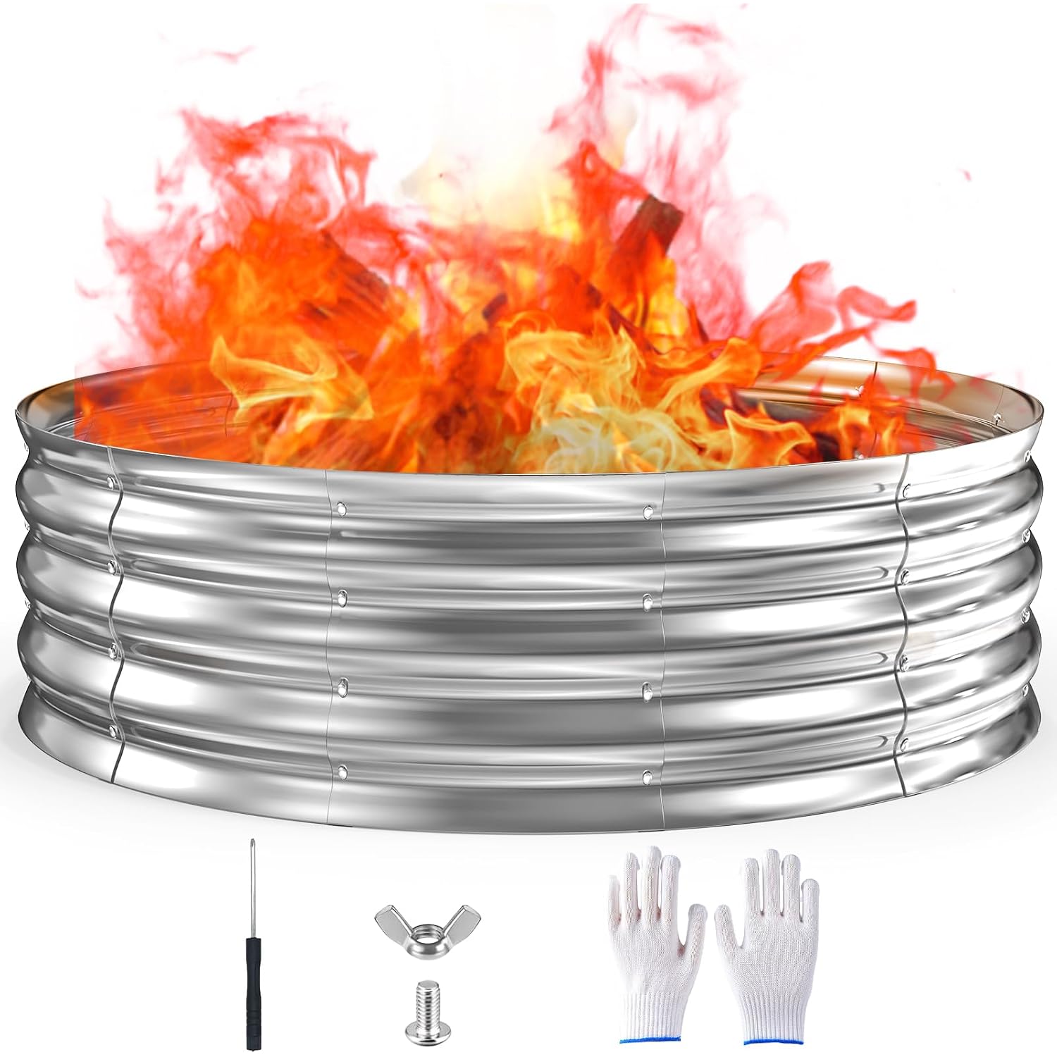 60 Inch Fire Pit Ring 5Ft Galvanized Steel, 12" Raised Heavy Duty Wood Burning Fire Pits&Outdoor Fireplace, Heat Resistant Campfire Ring With Spark Guard, For Outdoor Backyard, Patio & Camping Use