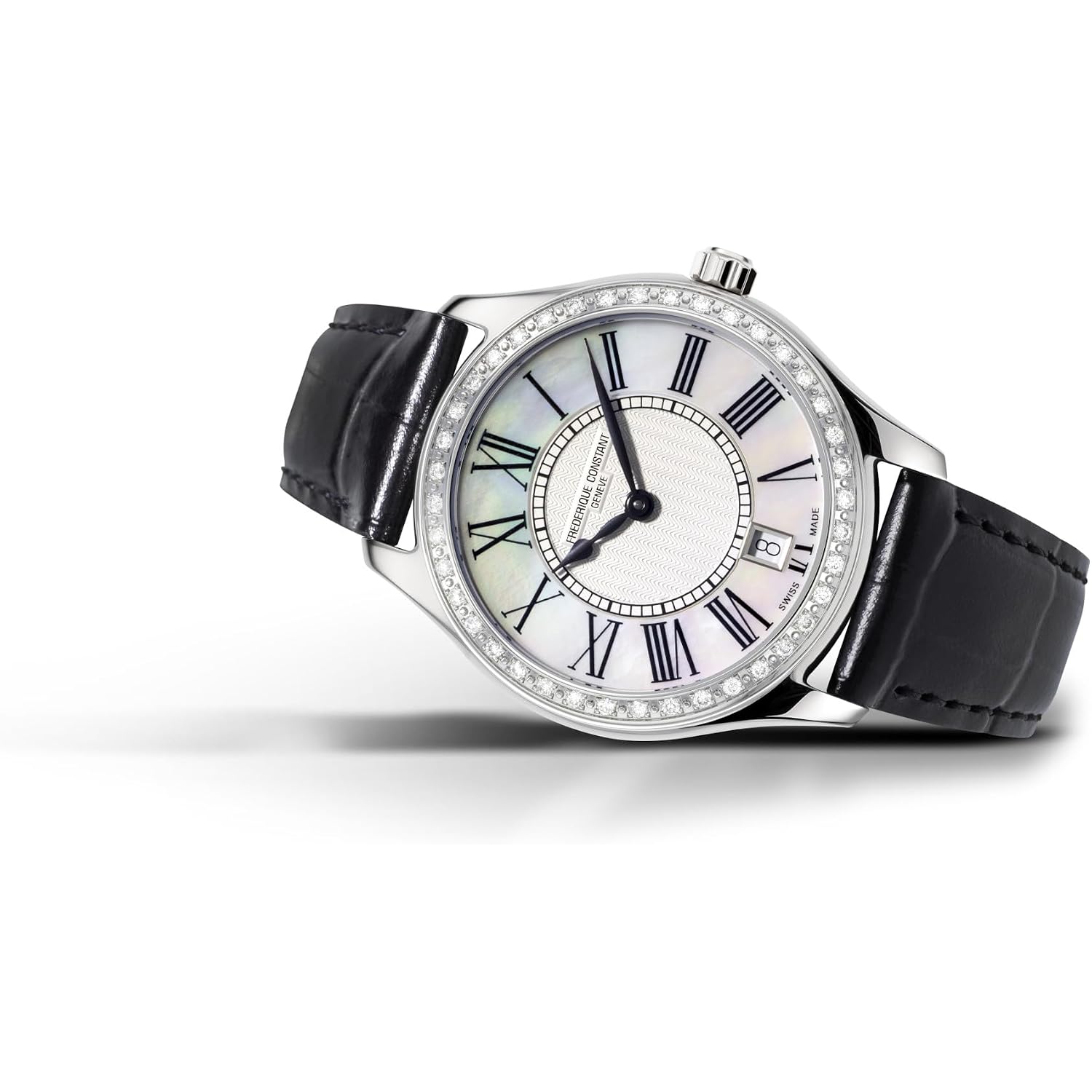 Frederique Constant Ladies Swiss Quartz Classics Diamond Silver-Tone Stainless Steel Watch With Black Leather Strap, Style: Fc-220Mpw3Bd26