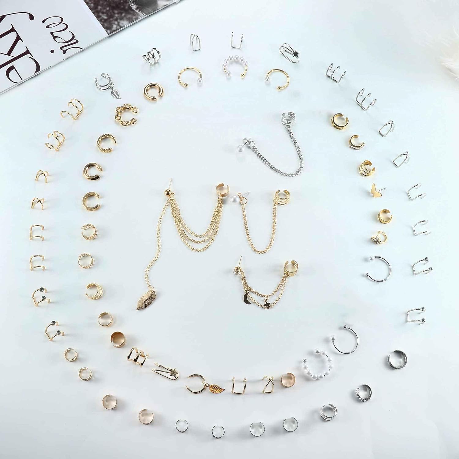 BESTEEL 66Pcs Ear Cuff Earrings for Women Non Piercing - 14K Gold Plated Ear Cuffs Adjustable Non Pierced Clip On Cartilage Conch Earring Stacks CZ Star Butterfly Ear Wraps Fake Piercings Earings Gift