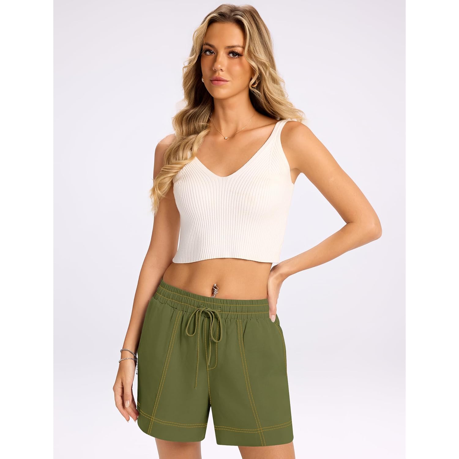 Women's Casual Linen Shorts Elastic Waisted Drawstring Summer Shorts with Pockets