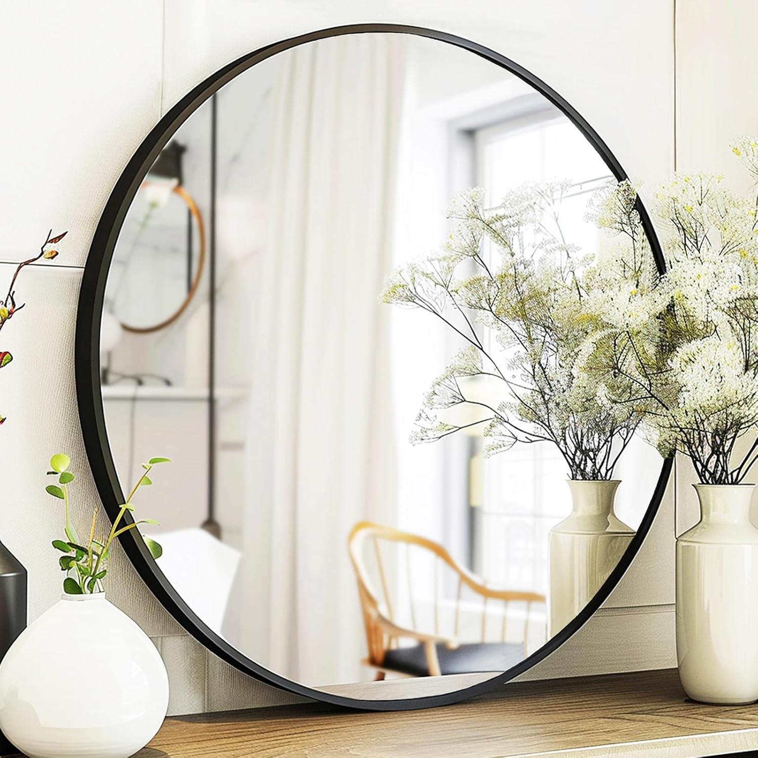 Black Round Mirror, Round Mirror 24 Inch, Black Circle Mirrors Matte Metal Frame, Wall Mounted Mirrors For Living Room, Bathroom, Wall, Entryway.