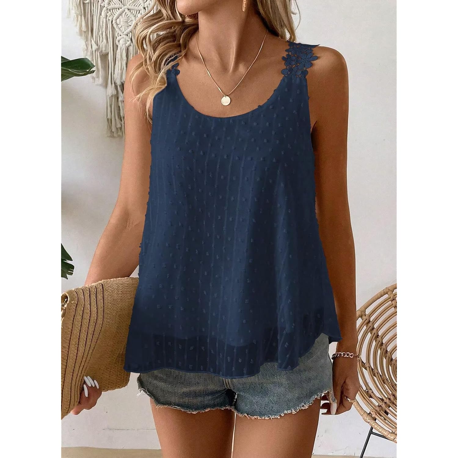 Womens Tank Tops Flowy Sleeveless Summer Boho Tank Top for Women Casual Crewneck Strap Lace Camisole Shirts