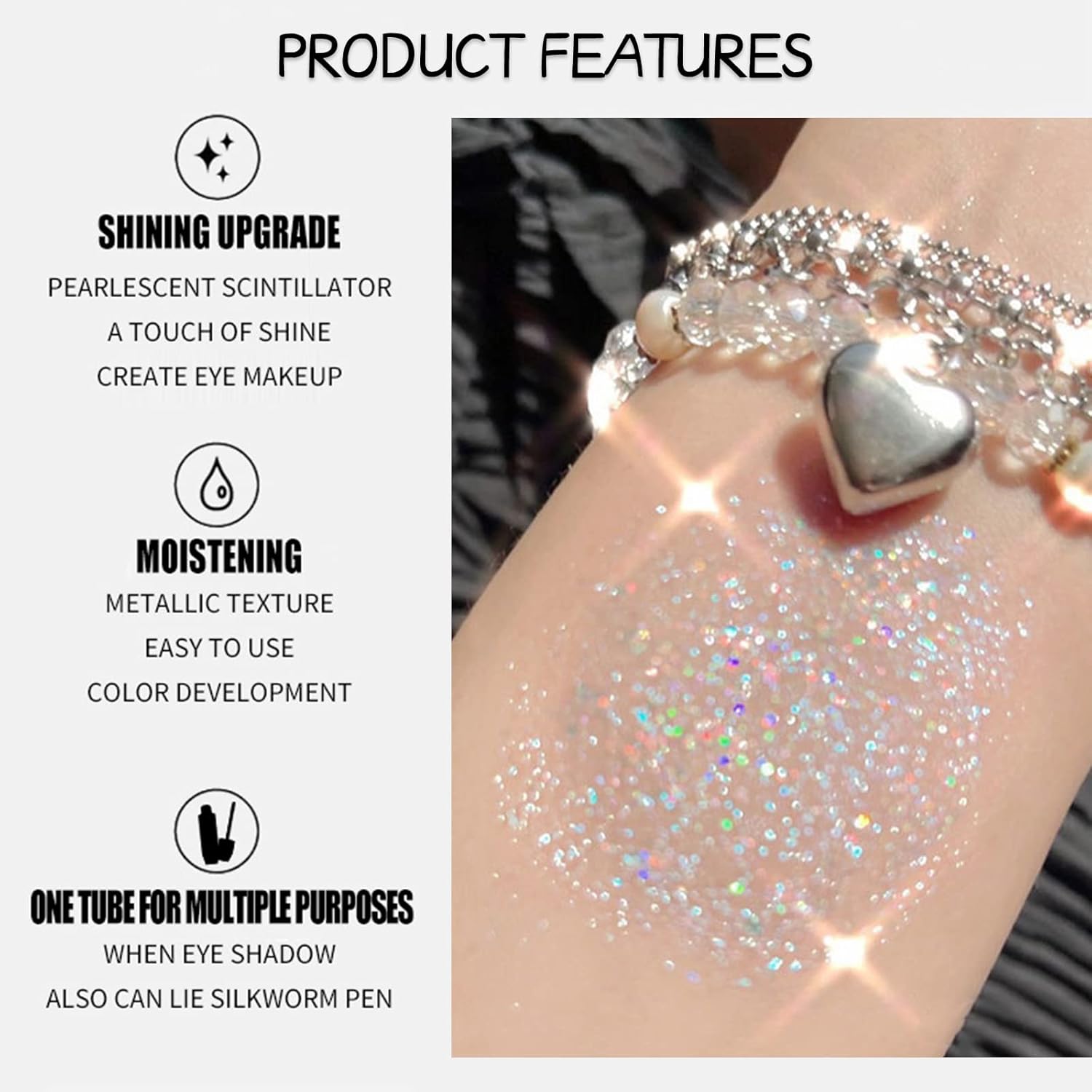 Erinde Liquid Glitter Eyeshadow Eyeliner, Korean Makeup Bling Under Eye Shadow, Shimmer Metallic, Lightweight Waterproof Long Wearing, Loose Glue for Sparkly Crystals Eye Makeup, Colorful Sequins