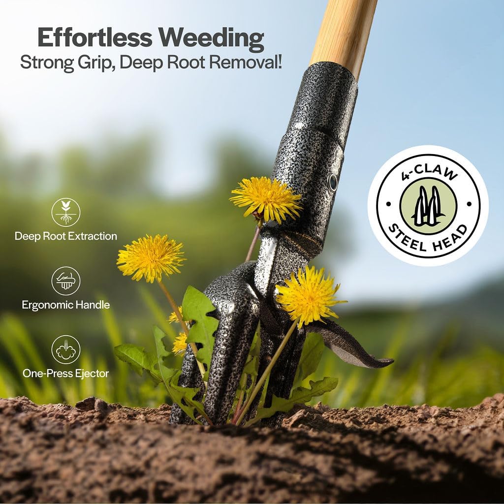 Wilfiks Weed Puller Tool, Stand Up Heavy Duty Weed Remover Tool With Long Handle, Foot Platform Design - 4 Claw Steel Head Weeder Tool, Bamboo Garden Hand Weeding Tool